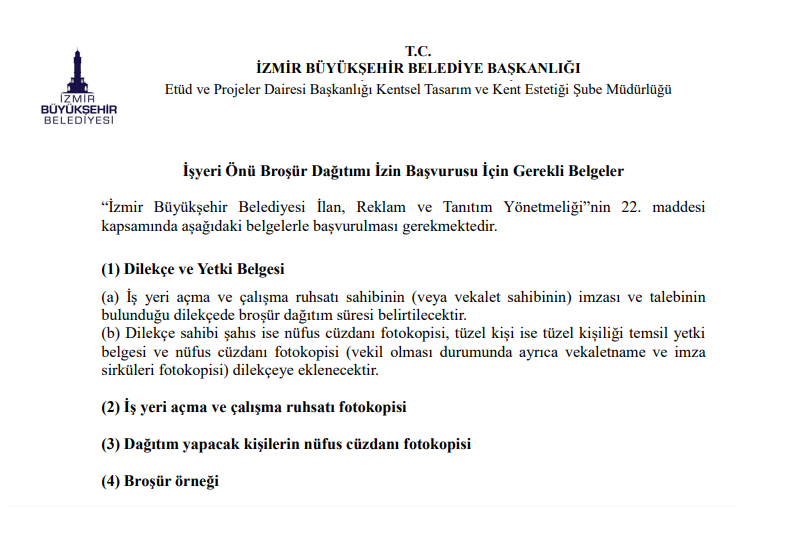 Broşür Dağıtımı İzin Başvurusu İçin Gerekli Belgeler